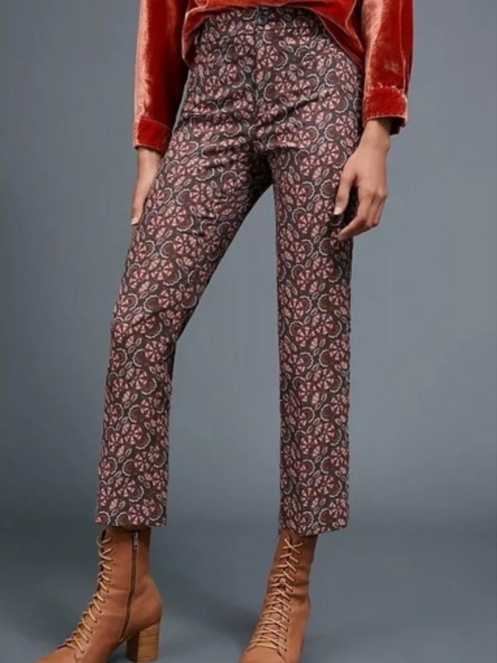 Anthropologie The Essential Slim Floral Jacquard Ankle Length Pant